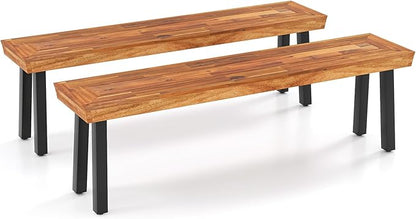 Tangkula Outdoor Acacia Wood Bench, Patio Dining Picnic Bench with Steel Legs for Porch Garden Poolside Living Room Balcony, Ideal for Indoor & Outdoor Use (2, Teak)