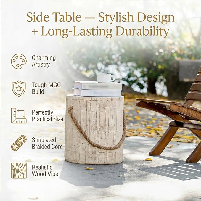 Faux Stump Side Table Outdoor Concrete End Table with Braided Cord Small Round Coffee Tables for Indoor Outdoor - Photo 4