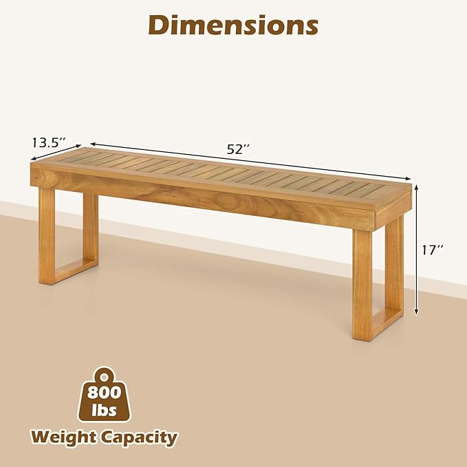 HAPPYGRILL Outdoor Acacia Wood Bench for 3-Person Patio Backless Farmhouse Bench with Slatted Seat, 800 LBS Heavy Duty Dining Bench for Entryway Porch Dining Room (1)