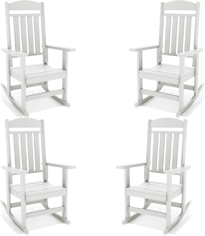 Outdoor Rocking Chairs Set of 4, Oversized High Back Patio Rocking Chairs, All Weather Porch Rocking Chairs for Outside. White