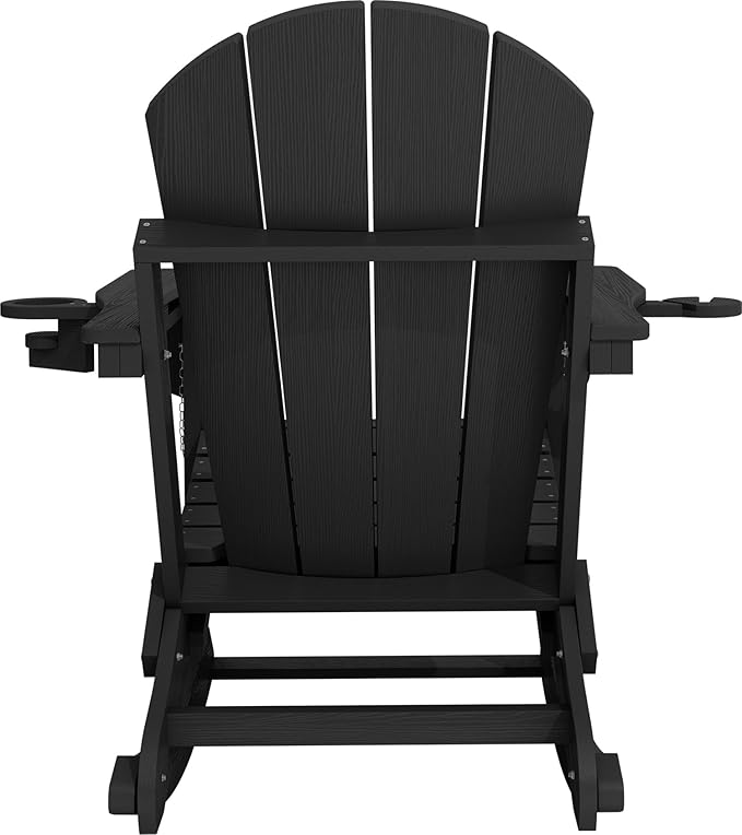 KINGYES Adirondack Rocking Chair Set of 4 with Retractable Ottoman and Cup Holders, HDPE Adirondack Rocker Patio Rocking Chair for Porch, Patio, Balcony, Black