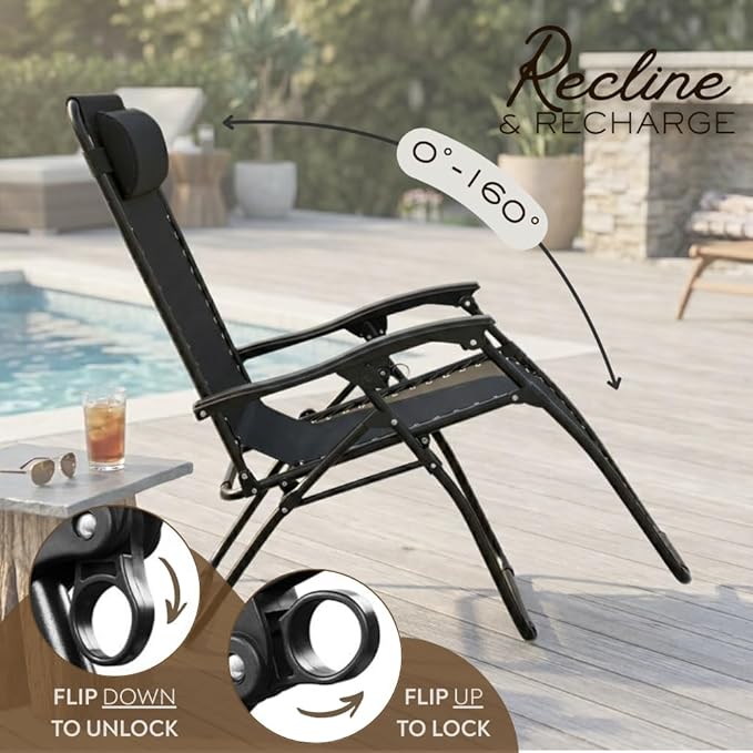 2-Pack Adjustable Zero Gravity Lounge Chair with Steel Mesh Fabric: Reclining Lawn Chair Featuring Comfort Pillow - Photo 3