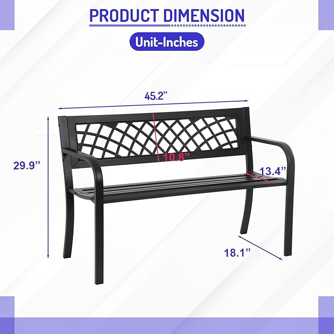 Garden Bench Anti-Rust Metal Patio Park Benches Waterproof Outdoor Cast-Iron Bench with Mesh Pattern Plastic Backrest Armrests,Black