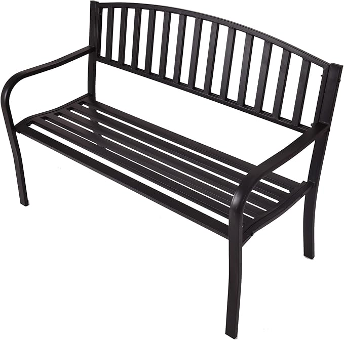 Tangkula 50 Inch Outdoor Steel Garden Bench Park Bench, Patio Chair Garden Bench with High Back & Rustproof Armrests, Ideal Bench for Lawn, Yard, Porch, Deck & Poolside