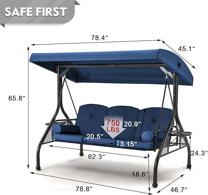HOMREST 3 Seat Outdoor Porch Swing with Adjustable Canopy, Convertible Patio Swing Bed with Stand - Photo 7