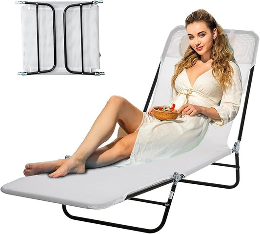 Outdoor Tanning Chair with Pillow, Folding Chaise Lounge Chair with Adjustable Backrest, Portable Lay Flat Beach Lounge Chairs for Sunbathing Poolside Patio Lawn Camping(Cream White)