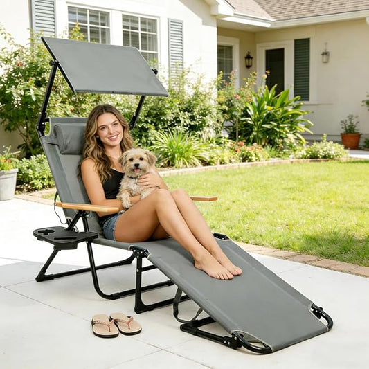 Folding Outdoor Chaise Lounge Chair with Arms, 4 Position Sunbathing Lounge Chair with Shade, Sun Tanning Chairs for Outside Portable with Cup Holders for Beach Patio Camping Poolside Yard (Gray- B)