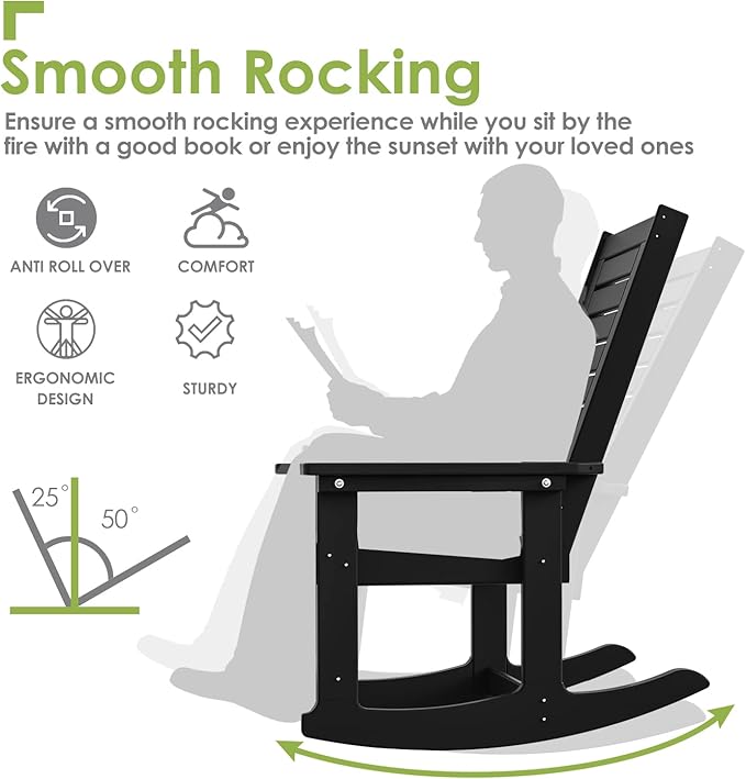 GREENVINES Outdoor Rocking Chairs | Set of 4 | Porch Rocker | HDPE Plastic | Black | Oversized Rockers | High Back - Photo 4