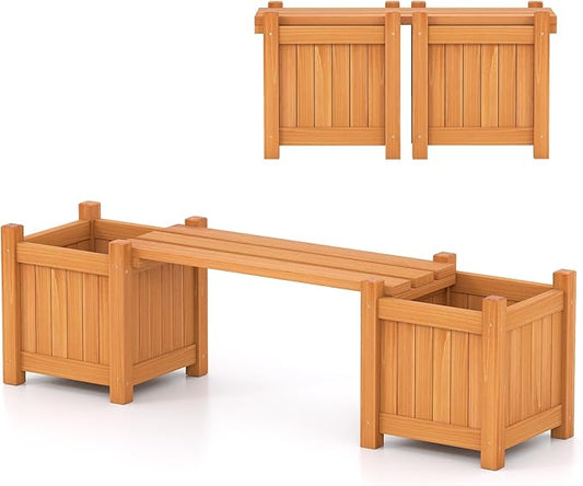 S AFSTAR Outdoor Planter Bench, Wooden Planter Box with Bench, Small Raised Plant Container Garden Boxes for Patio, Yard, Deck & Balcony
