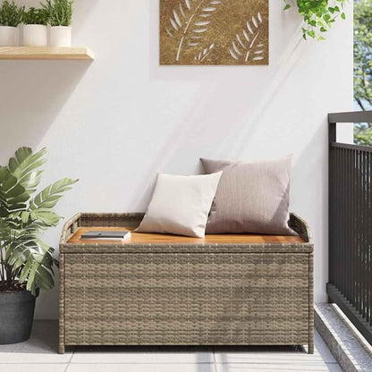 Storage Bench Grey and Brown, Modern Poly Rattan and Acacia Wood Storage Bench with Gas Spring Lid, UV Resistant and Water-Resistant for Patio Balcony Garden, Ample Capacity
