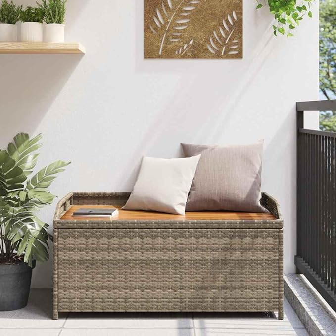 Storage Bench Grey and Brown with Gas Spring Lid and UV Resistant Materials, Modern Outdoor Indoor Seating with Ample Storage Capacity, Durable Poly Rattan and Acacia Wood