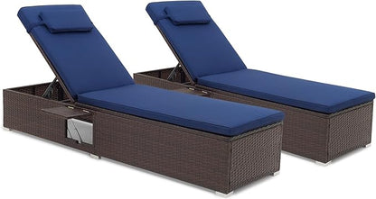 Tangkula Patio Chaise Lounge Set of 2, Outdoor Rattan Lounge Chair with 6-Level Backrest, Comfy Seat Cushion & Headrest, Sturdy Metal Frame, Outside Reclining Chair for Backyard (2, Navy)