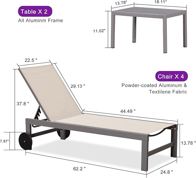 PURPLE LEAF Patio Chaise Lounge Set for 4 Outdoor Pool Lounge Chairs with Adjustable Backrest and Side Tables Aluminum - Photo 3
