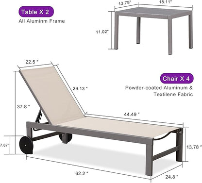 PURPLE LEAF Patio Chaise Lounge Set for 4 Outdoor Pool Lounge Chairs with Adjustable Backrest and Side Tables Aluminum Reclining Sunbathing Tanning Chair for Outside Poolside Yard Balcony, Khaki