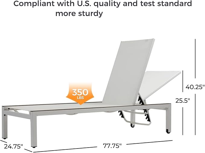Grand patio Outdoor Chaise Lounge Set of 2 Mesh Sling Lounge Chairs with Woodgrain Texture, Portable Wheels & 4 Adjustable Reclining Backrest Positions for Poolside Beach White 2PCS