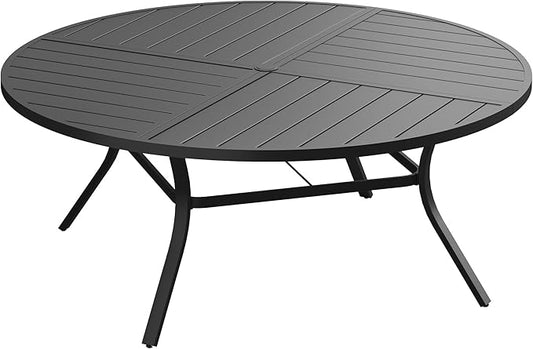 Patio Dining Table for 8-10, Round Metal Outdoor Table with Storage Shelf, 1.57" Umbrella Hole, 60" Outdoor Quartered Tabletop Dining Table for Backyard, Porch, Lawn, Black