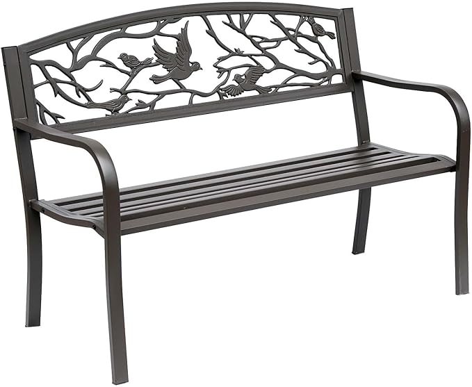 50" Cast Steel Metal Garden Bench, Floral Pattern for Yard, Lawn, Porch Porch, Brown