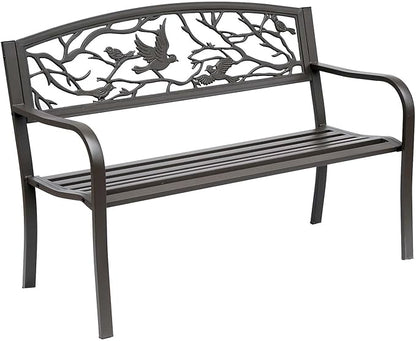 50" Cast Steel Metal Garden Bench, Floral Pattern for Yard, Lawn, Porch Porch, Brown