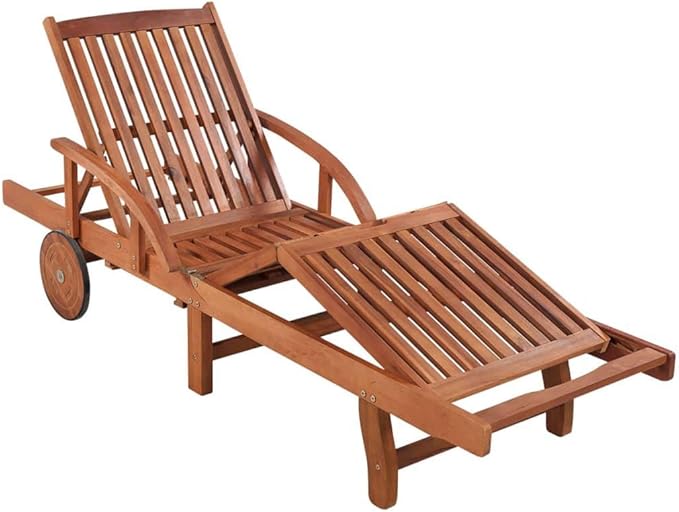 Brown Solid Acacia Wood Adjustable Sun Lounger with Foldable Table - Photo 3