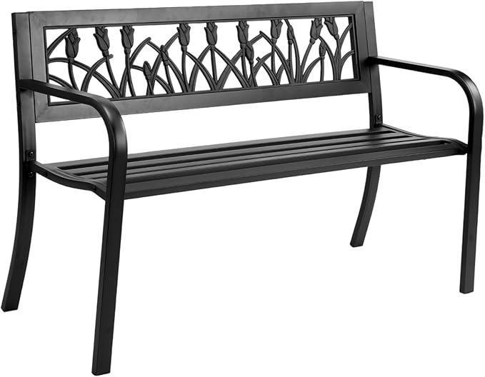 Vasitelan Outdoor Bench, 49" Iron Steel Frame Garden Bench with Tulip Pattern and Plastic Backrest Armrests, Patio Bench for Garden Park Yard Front Porch Patio, Black