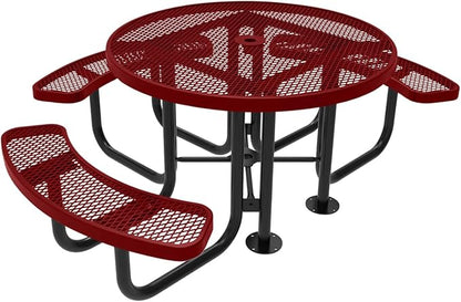 COATEDOUTDOORFURNITURE Heavy-Duty Portable Outdoor Picnic Table with Umbrella Hole, Expanded Metal Patio Dining Furniture Made in America (46" Round Top, Textured Burgundy)