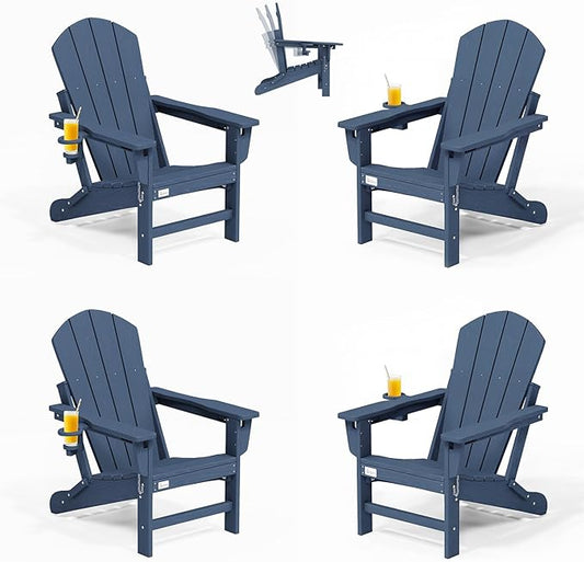 Mdeam 3-Position Adjustable Adirondack Chair Set of 4, 400LBS Capacity, Cup Holder, Wooden Textured, All-Weather HDPE Folding Fire Pit Outdoor Chairs for Poolside Deck Patio Garden Yard - Navy Blue