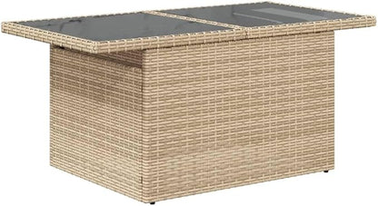 Beige Poly Rattan Garden Table with Tempered Glass Top, Height Adjustable Outdoor Patio Furniture for Dining and Relaxing, Durable Weather-Resistant Balcony Table