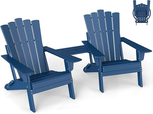 GREENVINES Folding-Adirondack-Chairs-Set-of-2 | HDPE Plastic | Throne Series | Fire Pit Chair | with Connecting Tray | Removable Table | All Weather | for Outdoor Patio Deck Poolside | Blue