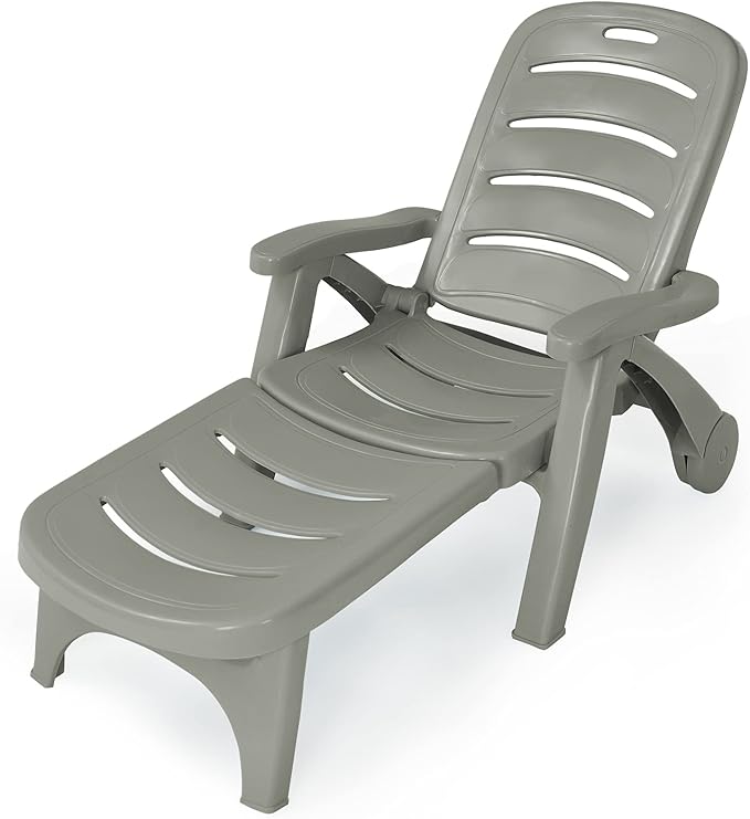 Tangkula Outdoor Chaise Lounge Chair, Adjustable 5-Position Recliner Chair with Built-in Wheels, Weather-Resistance Folding Lounge for Patio, Backyard, Poolside and Beach (1, Grey)