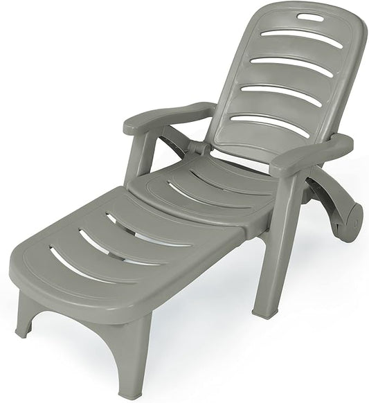 Tangkula Outdoor Chaise Lounge Chair, Adjustable 5-Position Recliner Chair with Built-in Wheels, Weather-Resistance Folding Lounge for Patio, Backyard, Poolside and Beach (1, Grey)