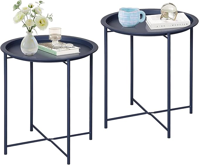 VECELO Side/End Table, Folding Round Metal Anti-Rust and Waterproof Outdoor or Indoor Tray for Living Room Bedroom - Photo 1