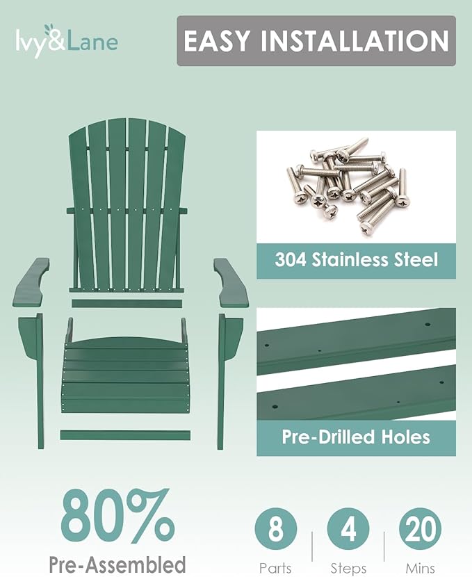 IVY&LANE Adirondack Chairs Set of 2 | HDPE Plastic | Outdoor Fire Pit Chairs | Oversized | All-Weather | Forest | for Outside Deck Backyard Patio Poolside Porch Lawn
