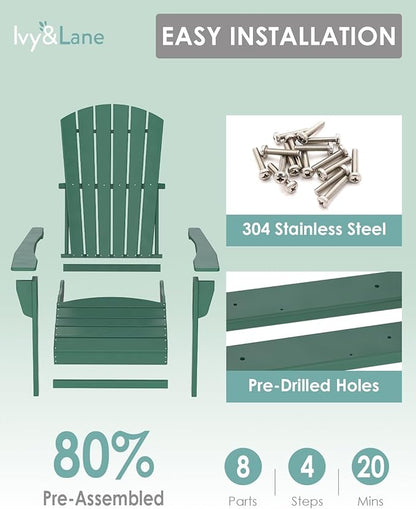 IVY&LANE Adirondack Chairs Set of 2 | HDPE Plastic | Outdoor Fire Pit Chairs | Oversized | All-Weather | Forest | for Outside Deck Backyard Patio Poolside Porch Lawn