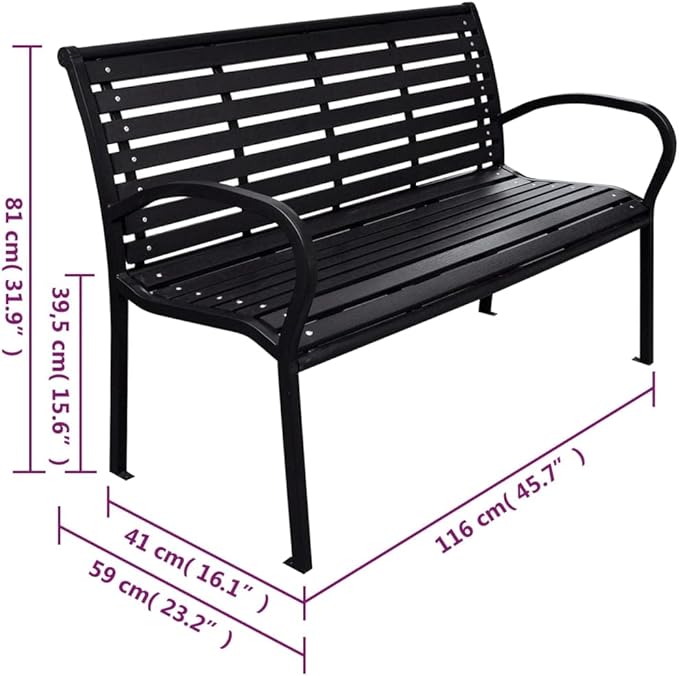 Black WPC and Steel Garden Bench 116 cm Wide, Durable Outdoor Seating for Patio and Balcony, Comfortable Two-Person Bench with Industrial Design