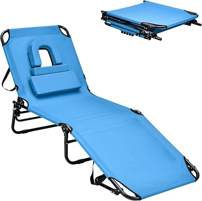 Goplus Tanning Chair, Folding Beach Lounge Chair with Face Hole, Removable Pillow, Carry Strap, Position Adjustable - Photo 1