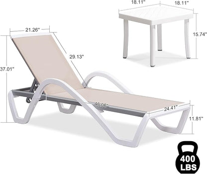 PURPLE LEAF Patio Chaise Lounge Chair Set Outside Aluminum Plastic Stackable Tanning Chairs with Armrests and Side Table for Pool Sunbathing Beach Deck Outdoor Lounger, Khaki