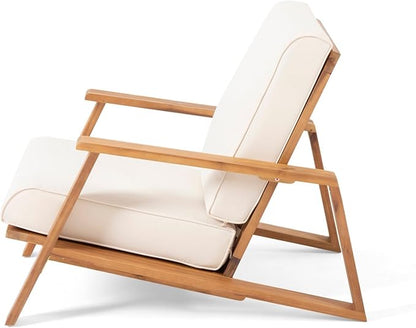 Merax Acacia Wood Outdoor Chaise Lounge Chair, Patio Reading Lazy Recliner Sofa Couches Seating with Weather-Resistant Upholstered Cushions for Balcony Outside Pool, Beige