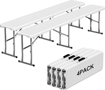 4 Pack 6ft Folding Bench, Plastic Folding Bench for Picnic Camping Dining Party Garden, 6 feet Foldable Benches for Soccer Multipurpose Entertaining Activities, Smooth HDPE Tabletop, White