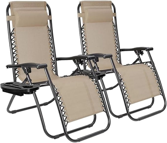 2-Pack Adjustable Zero Gravity Lounge Chair with Steel Mesh Fabric: Reclining Lawn Chair Featuring Comfort Pillow, Cup Holder Tray, and Customizable Recline Positions