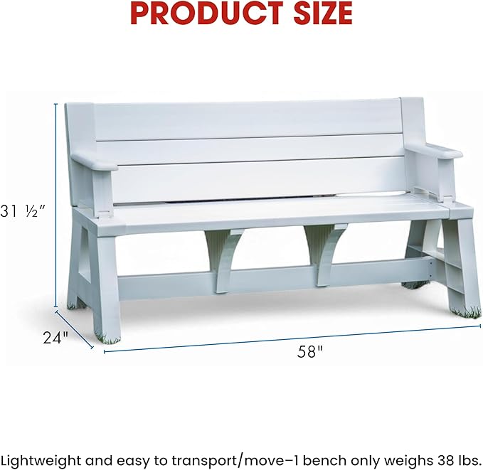 Convert-a-Bench Gen 1 2-in-1 Outdoor Convertible Bench to Picnic Table | Space-Saving, Weather-Resistant Patio Furniture for Yard, Deck, Garden | Easy Assembly & Durable Design -1 Bench/Order, White