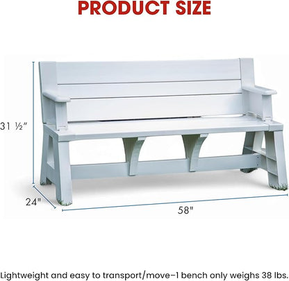 Convert-a-Bench Gen 1 2-in-1 Outdoor Convertible Bench to Picnic Table | Space-Saving, Weather-Resistant Patio Furniture for Yard, Deck, Garden | Easy Assembly & Durable Design -1 Bench/Order, White