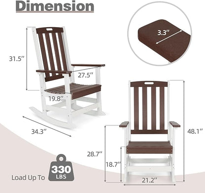 Aoodor Outdoor Rocking Chair, Ergonomic HDPE Rockers with All-Weather Design for Patio or Porch, Clashing Colors, Brown and White,Set of 4