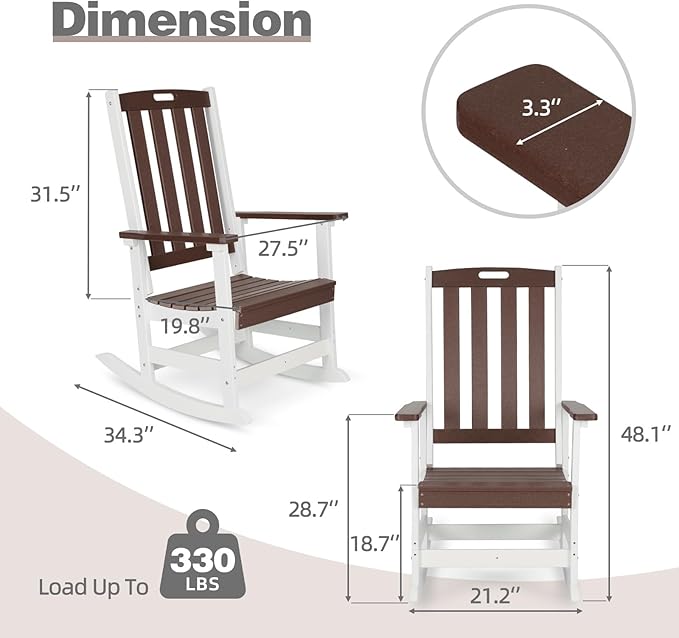 Aoodor Outdoor Rocking Chair, Ergonomic HDPE Rockers with All-Weather Design for Patio or Porch, Clashing Colors, Brown and White