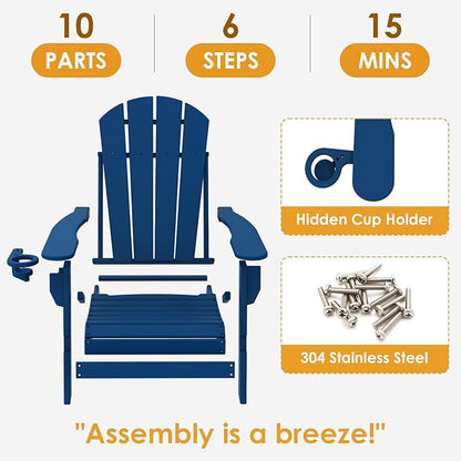 IVY&LANE Folding-Adirondack-Chairs-Set-of-4 | HDPE Plastic | Outdoor Fire Pit Chair with Cup Holder | Blue | Poly | Weather Resistant | for Patio Deck Poolside Garden Beach