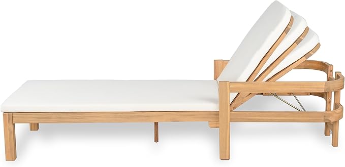 Christopher Knight Home Kayas Acacia Wood Chaise Lounge with Adjustable Backrest, 77.5" Outdoor Sun Lounger with Cushion, Patio Lounger Recliner Chair for Poolside Lawn, Light Teak+Cream, Set of 2