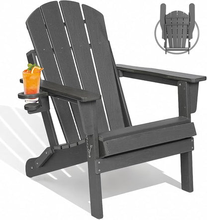 Folding Adirondack Chairs, Plastic Outdoor Patio Chairs with Cup Holder, Wood-Textured with Large Seat for Poolside Backyard Lawn, Gray