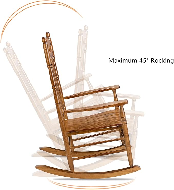 Bonnlo Wood Rocking Chair Outdoor with 450 lbs Support Relaxing Rocker Solid Wood High Back Seat Reclining Seat for Deck, Garden, Backyard, Porch, Indoor or Outdoor Use, Teak