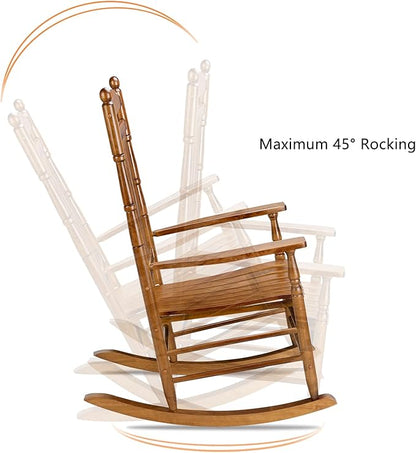 Bonnlo Wood Rocking Chair Outdoor with 450 lbs Support Relaxing Rocker Solid Wood High Back Seat Reclining Seat for Deck, Garden, Backyard, Porch, Indoor or Outdoor Use, Teak