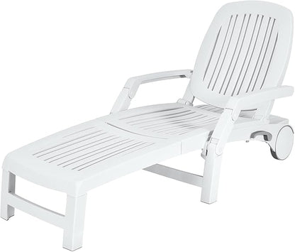 Tangkula Outdoor Chaise Lounge Chair, 5-Position Adjustable Recliner with Storage Box and Flexible Wheels, All-Weather Folding Patio Lounge Chair for Poolside, Beach and Backyard (1, White)