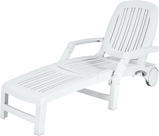 Tangkula Outdoor Chaise Lounge Chair, 5-Position Adjustable Recliner with Storage Box and Flexible Wheels, All-Weather Folding Patio Lounge Chair for Poolside, Beach and Backyard (1, White)